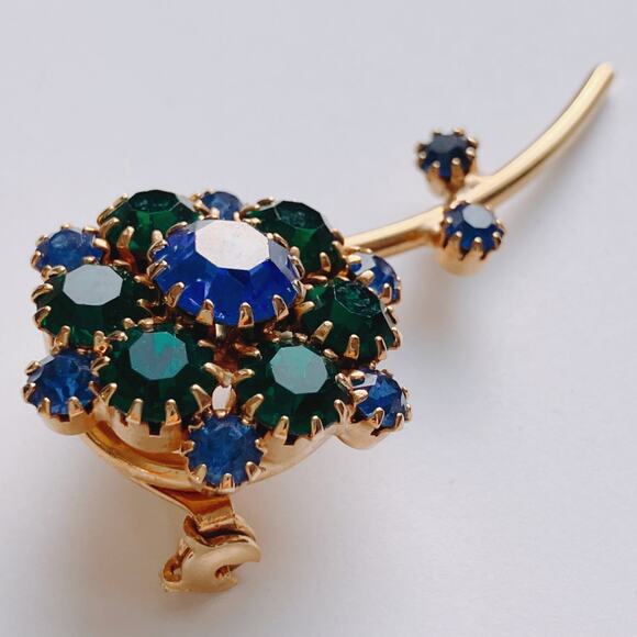 VTG Mid Century Brooch Floral Green Blue Rhinestone Gold Tone EUC - Picture 3 of 12